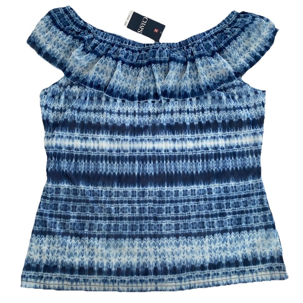 New Chaps Women 1X Top Blouse Tie Dye Print Blue Knit Lightweight Off Shoulder